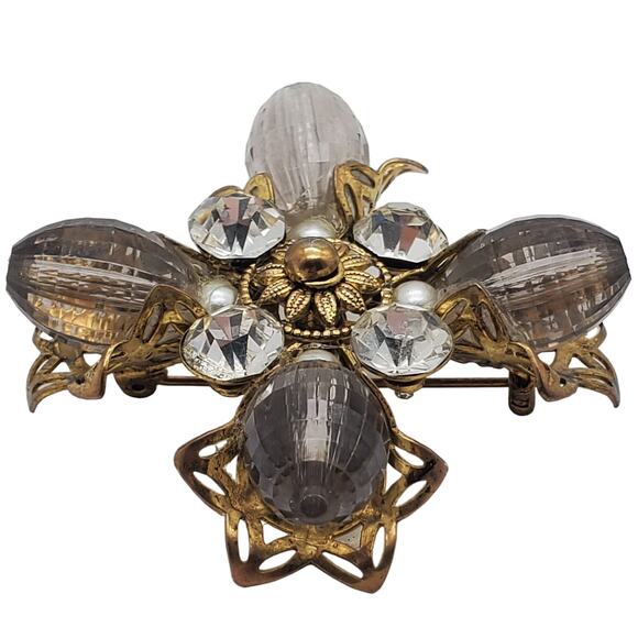 Maltese Cross Brooch Smoke Acrylic Gothic Revival Pin Gold Tone Rhinestones Vtg - Picture 6 of 10